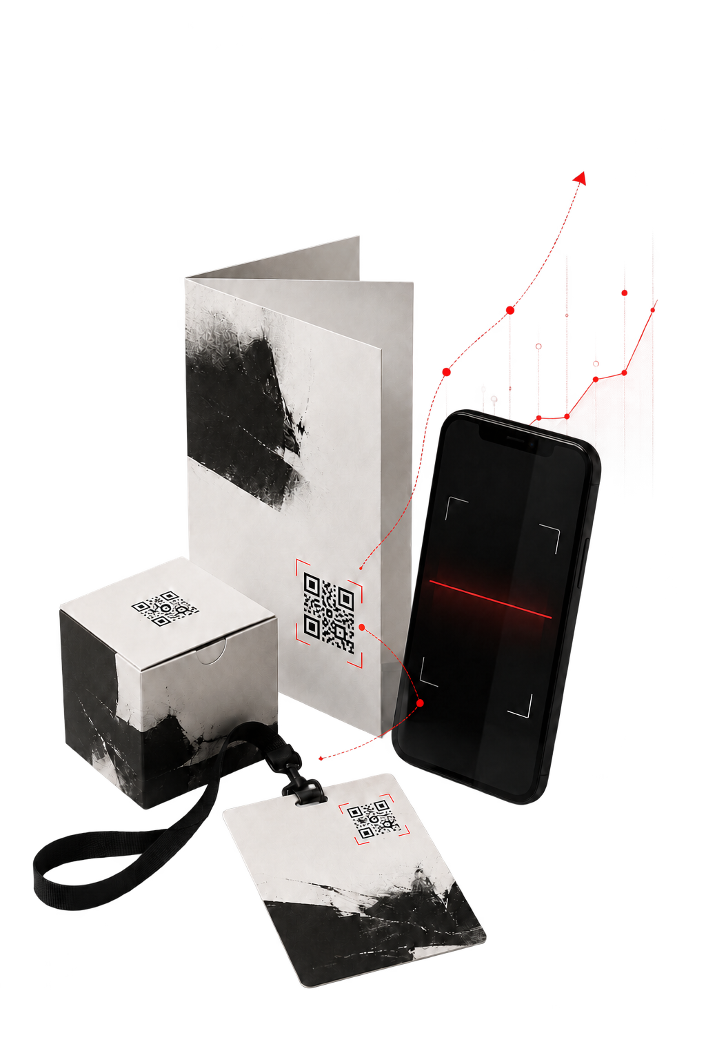 Gedruckte Touchpoints – Flyer, Verpackung und Lanyard-Karte mit QR-Codes, gescannt von einem Smartphone